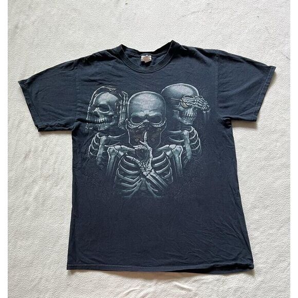 Fruit of the Loom Other - Hear, See & Speak No Evil Graphic Black Tee Shirt Skeleton‎ Version HD Cotton M